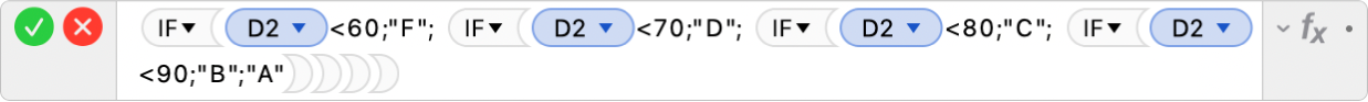 محرر الصيغ يعرض الصيغة =IF(D2<60;"F"; IF(D2<70;"D"; IF(D2<80;"C"; IF(D2<90;"B"; "A")))).