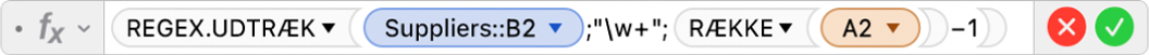 Formelværktøjet viser formlen =REGEX.UDTRÆK(Leverandører::B2;"\w+";RÆKKE(A2)-1).