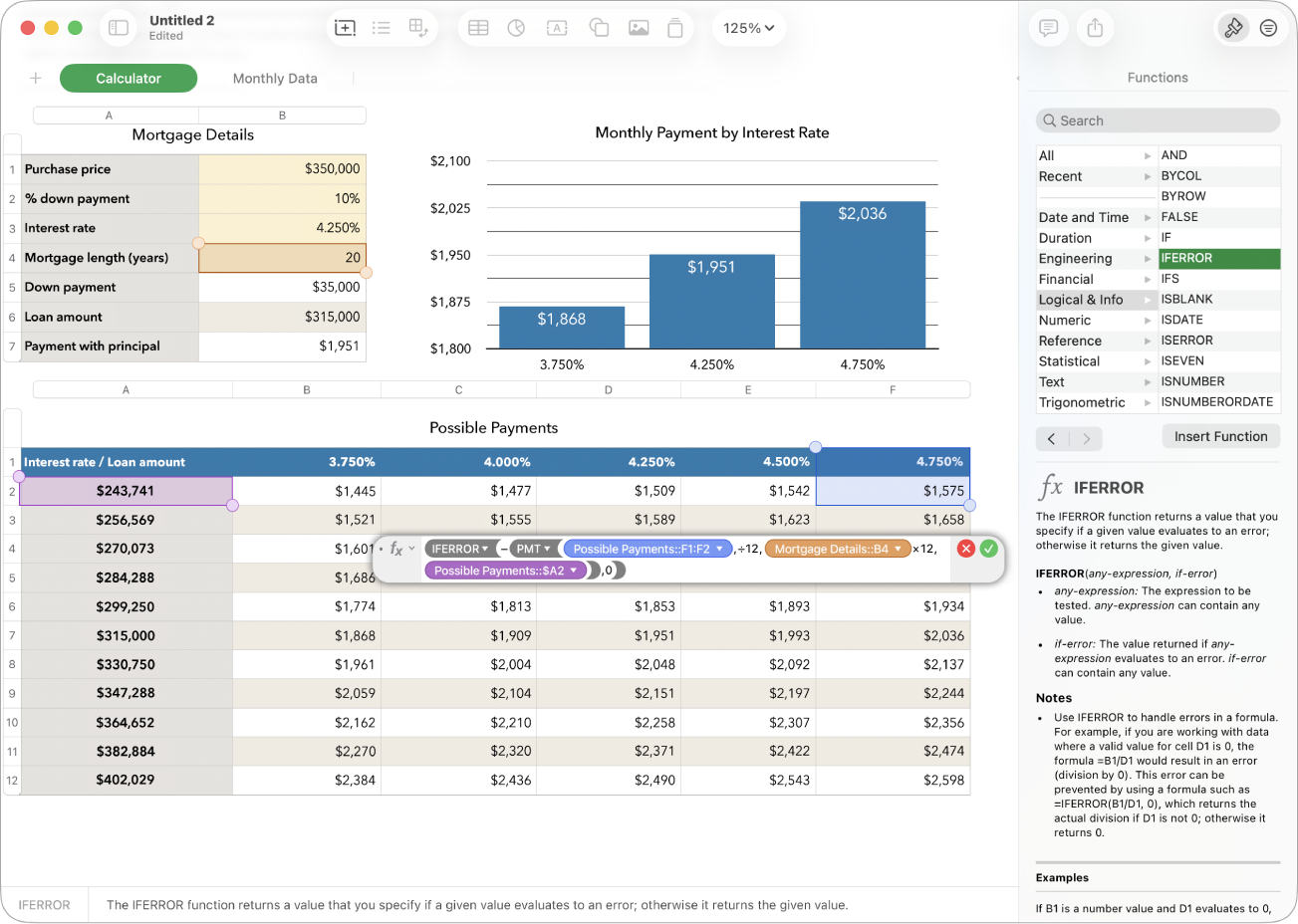A spreadsheet showing a formula for fundraiser sales and the Functions sidebar.