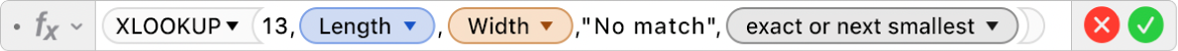 The formula editor showing the formula =XLOOKUP(13,Length,Width,"No match",-1).