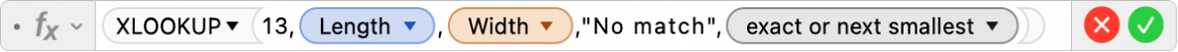 The formula editor showing the formula =XLOOKUP(13,Length,Width,"No match",-1).