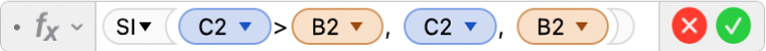 el editor de fórmulas mostrando la fórmula =SI(C2>B2, C2, B2).