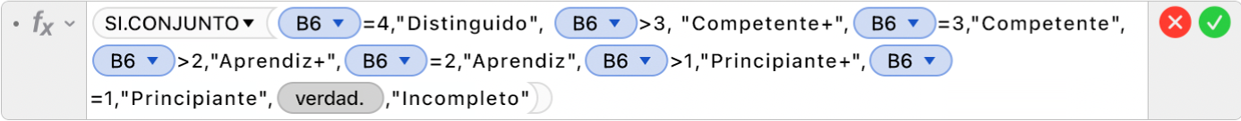 El editor de fórmulas mostrando la fórmula =SI.CONJUNTO(B6=4,"Distinguido",B6>3, "Competente+",B6=3,"Competente", B6>2,"Aprendiz+",B6=2,"Aprendiz",B6=3,"Principiante+",B5=1,"Principiante",VERDADERO,"Incompleto").