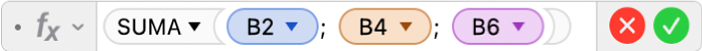 El editor de fórmulas muestra la fórmula =SUMA(B2; B4; B6).