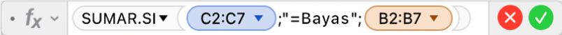 El editor de fórmulas muestra la fórmula =SUMAR.SI(C2:C7;"=Bayas";B2:B7).