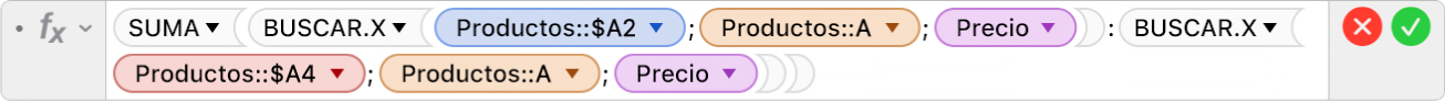 El editor de fórmulas muestra la fórmula =SUMA(BUSCAR.X(Productos::$A2;Productos::A;Precio):BUSCAR.X(Productos::$A4;Productos::A;Precio)).