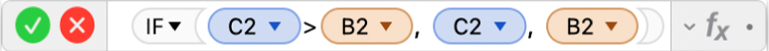 עורך הנוסחאות מציג את הנוסחה =IF(C2>B2, C2, B2).