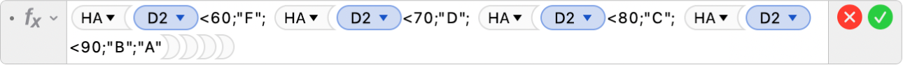 A Képletszerkesztő az =IF(D2<60;"F"; IF(D2<70;"D"; IF(D2<80;"C"; IF(D2<90;"B";"A")))) képlettel.