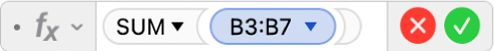 Editor Formula menampilkan formula =SUM(B3:B7).