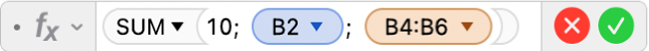 Editor Formula menampilkan formula =SUM(10; B2; B4:B6).
