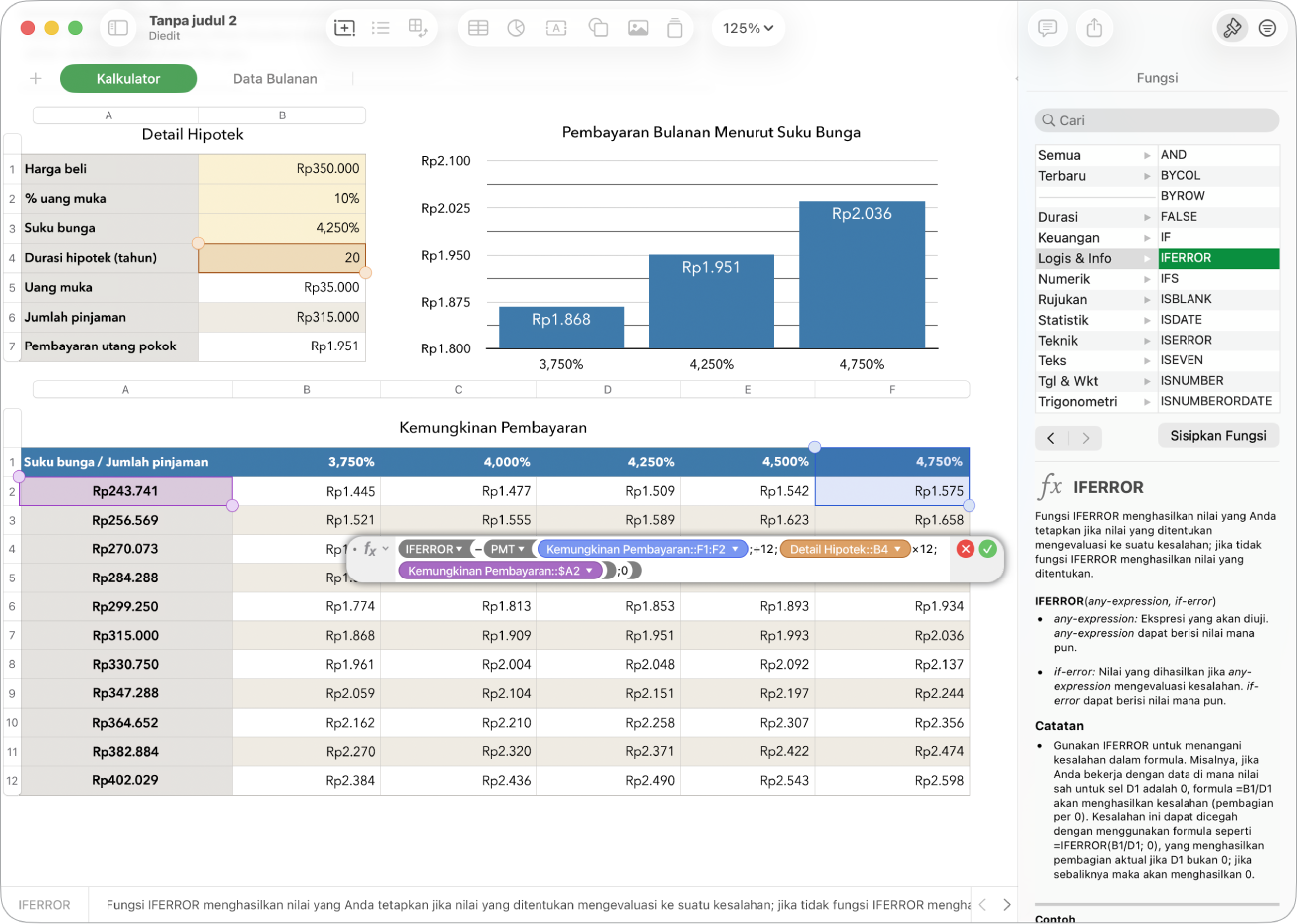 Spreadsheet menampilkan formula untuk penjualan dari penggalangan dana dan bar samping Fungsi.