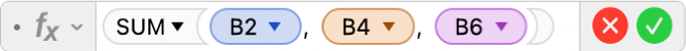 Editor Formula menunjukkan formula =SUM(B2, B4, B6).