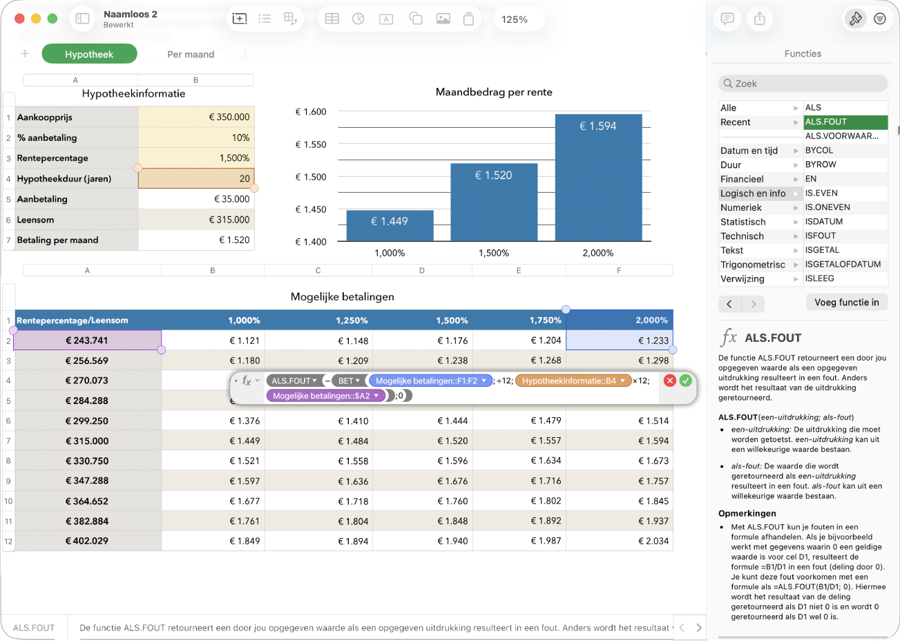 Een spreadsheet met een formule voor de opbrengst van een inzamelingsactie en daarnaast de navigatiekolom 'Functies'.