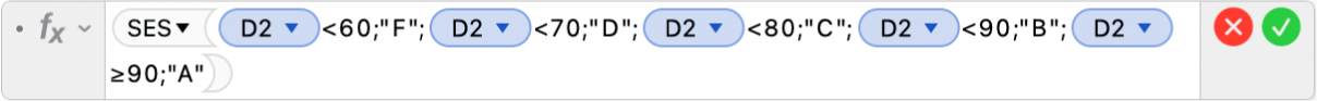 Editor de Fórmulas mostrando a fórmula =SES(D2<60;"F";D2<70;"D";D2<80;"C";D2<90;"B";D2≥90;"A").