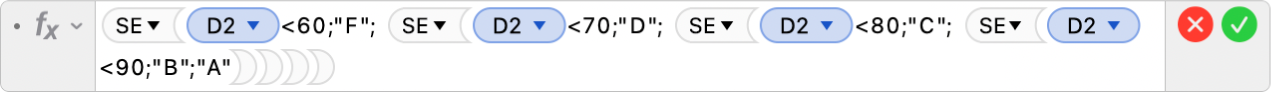 O editor de fórmulas a mostrar a fórmula =SE(D2<60;"F"; SE(D2<70;"D"; SE(D2<80;"C"; SE(D2<90;”B”;"A")))).
