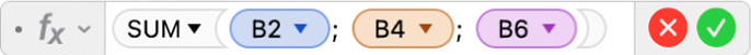 Редактор формул, у якому показано формулу =SUM(B2, B4, B6).