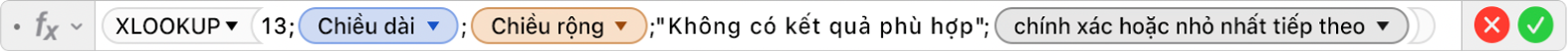 Trình sửa công thức đang hiển thị công thức =XLOOKUP(13;Chiều dài;Chiều rộng;"Không có kết quả phù hợp";-1).