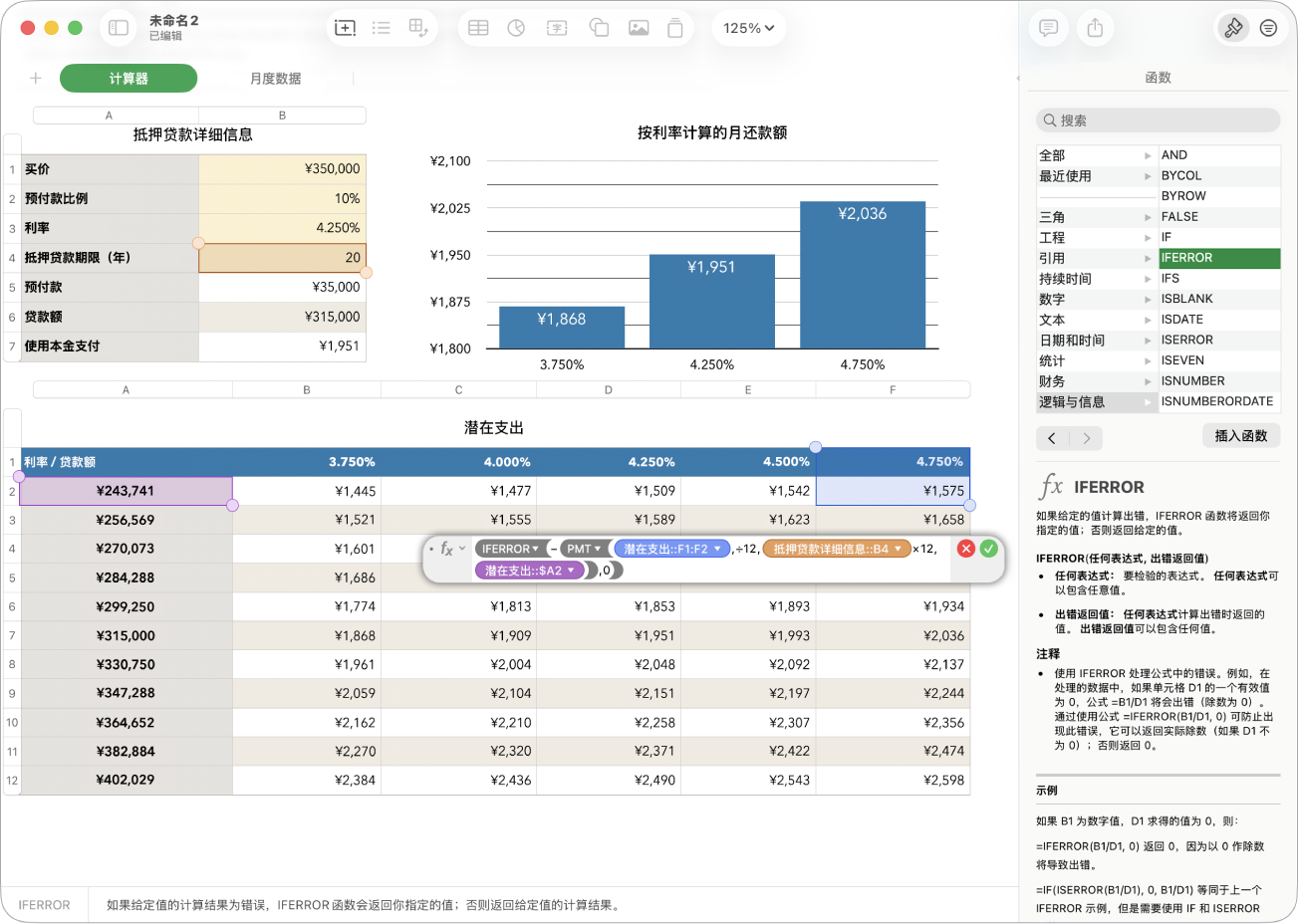 显示筹资销售额公式和“函数”边栏的电子表格。
