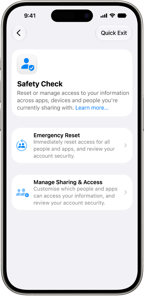 An iPhone showing the Safety Check screen.