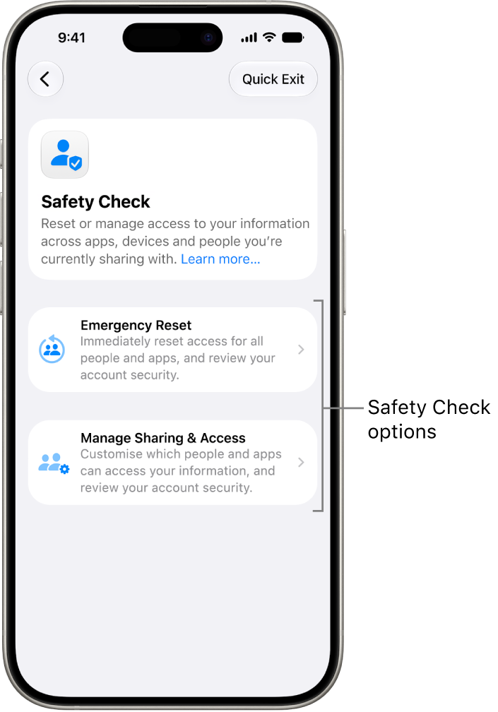 A screen showing the two options available with Safety Check: Emergency Reset and Manage Sharing & Access.