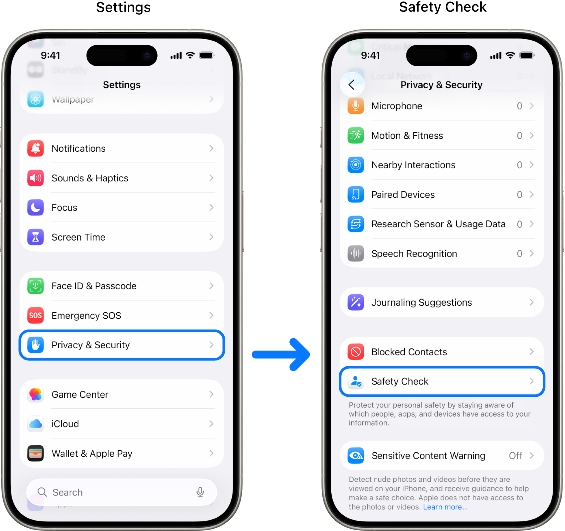 The way to access Safety Check from the Settings app.