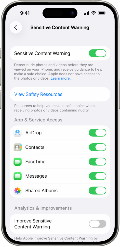 An iPhone showing the Sensitive Content Warning screen.