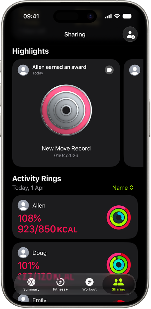 An iPhone screen showing activity data shared with two other people.