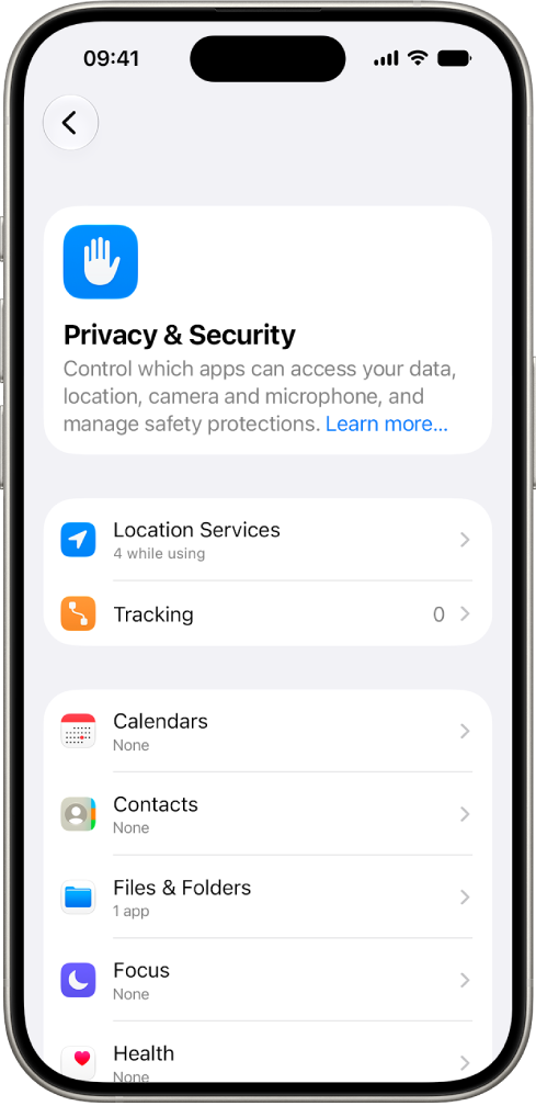 An iPhone showing the Privacy & Security screen in Settings.