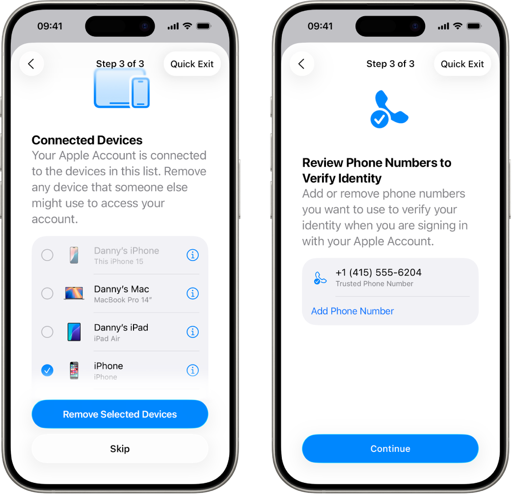 Two iPhone screens showing (1) a selected device to remove from trusted devices and (2) a screen to edit trusted phone numbers.