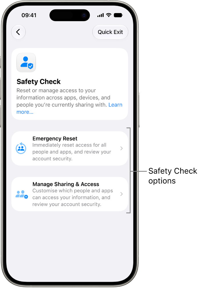 A screen showing the two options available with Safety Check: Emergency Reset and Manage Sharing & Access.