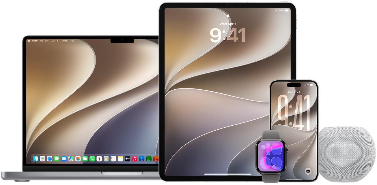 A MacBook Pro, iPad, Apple Watch, iPhone, and HomePod.