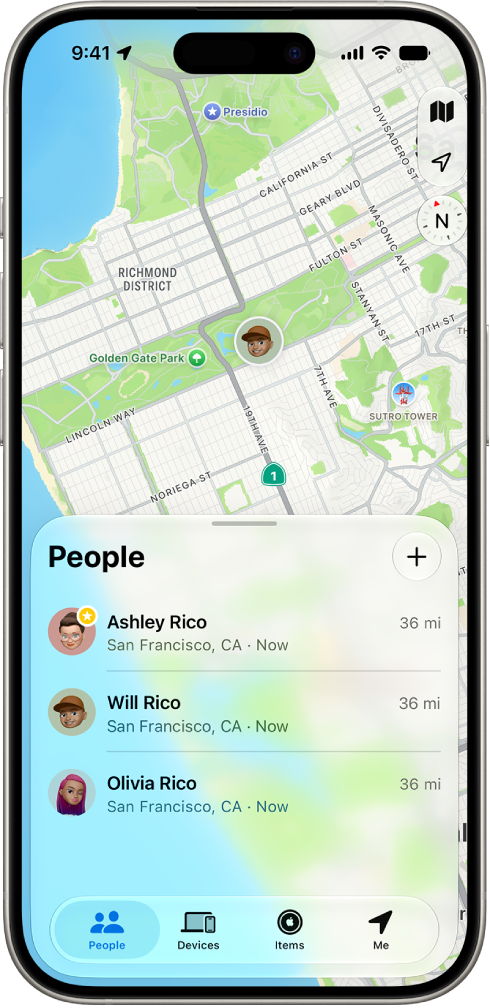 An iPhone screen showing a user’s location and four other users’ locations.