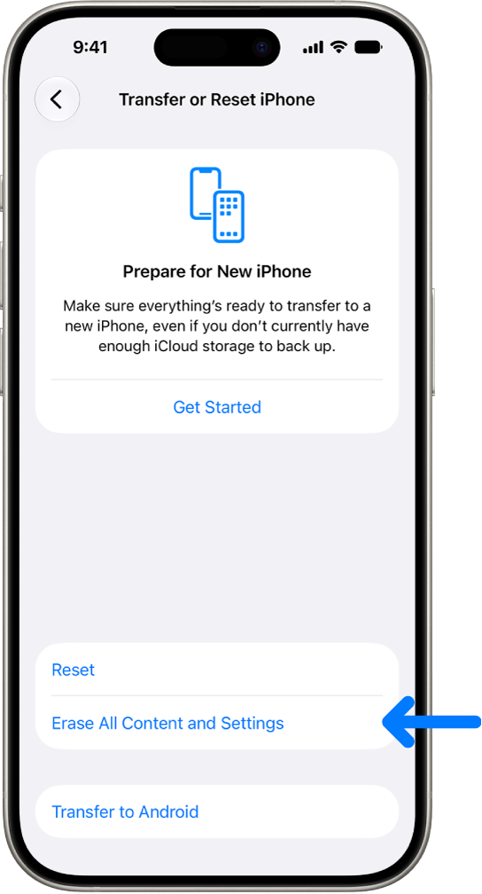 An iPhone screen showing Erase All Content and Settings as the selected option.
