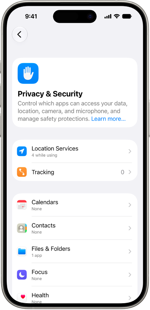 An iPhone showing the Privacy & Security screen in Settings.