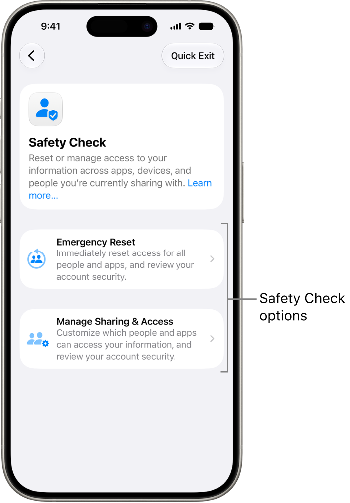 A screen showing the two options available with Safety Check: Emergency Reset and Manage Sharing & Access.