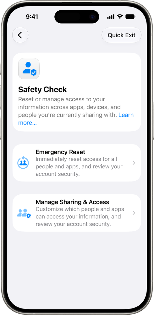 An iPhone showing the Safety Check screen.