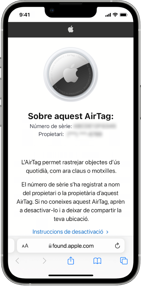 La pantalla d’un iPhone amb la informació d’un AirTag.