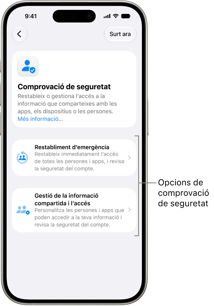 Pantalla de la comprovació de seguretat en què es mostren les dues opcions disponibles: “Restabliment d’emergència” i “Gestiona la compartició i l’accés”.