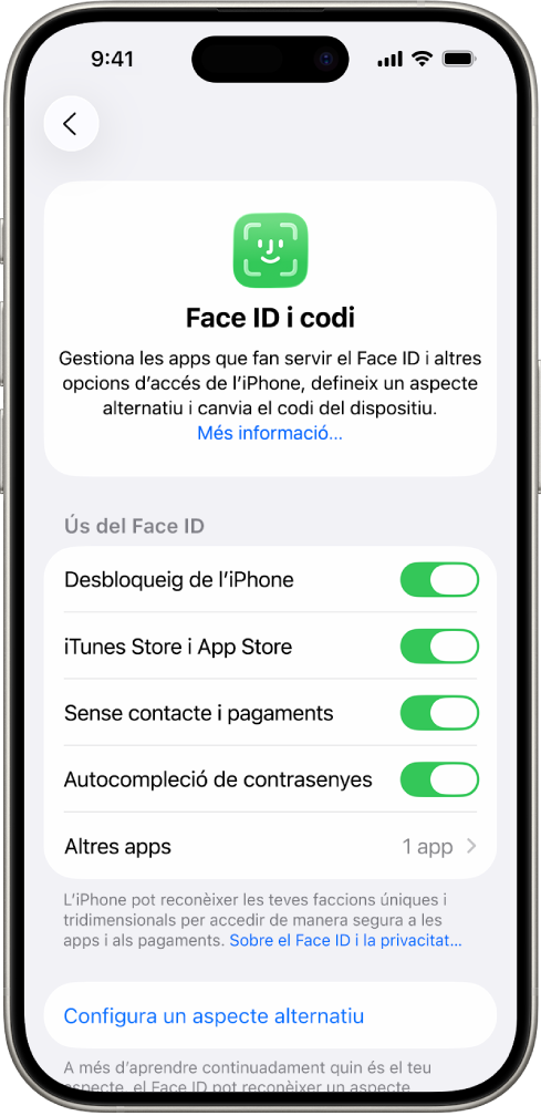 La pantalla del Face ID de l’iPhone mostra els diversos usos del Face ID, com ara el desbloqueig de l’iPhone, “iTunes i App Store”, “Cartera i Apple Pay” i “Autocompleció de la contrasenya”.