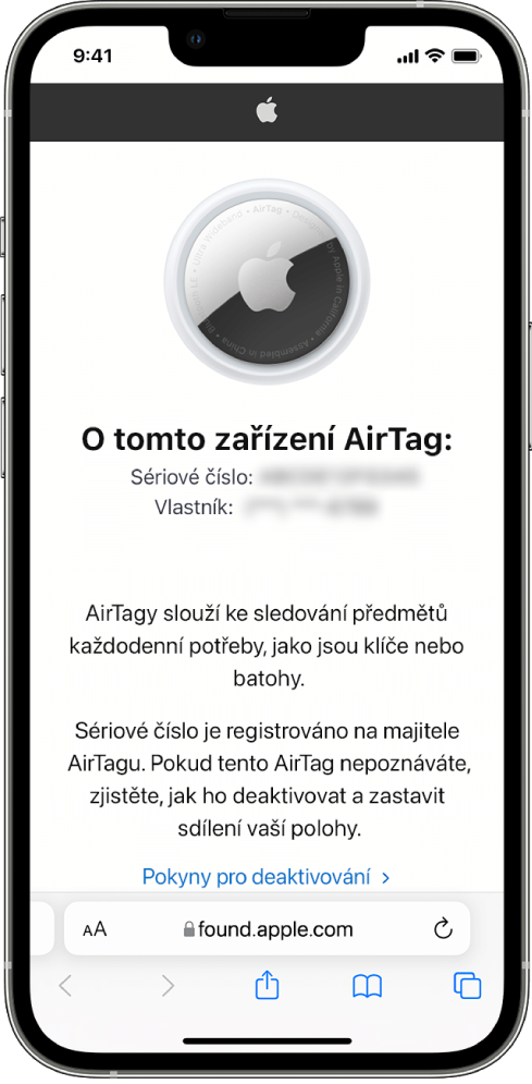 Displej iPhonu s informacemi o AirTagu