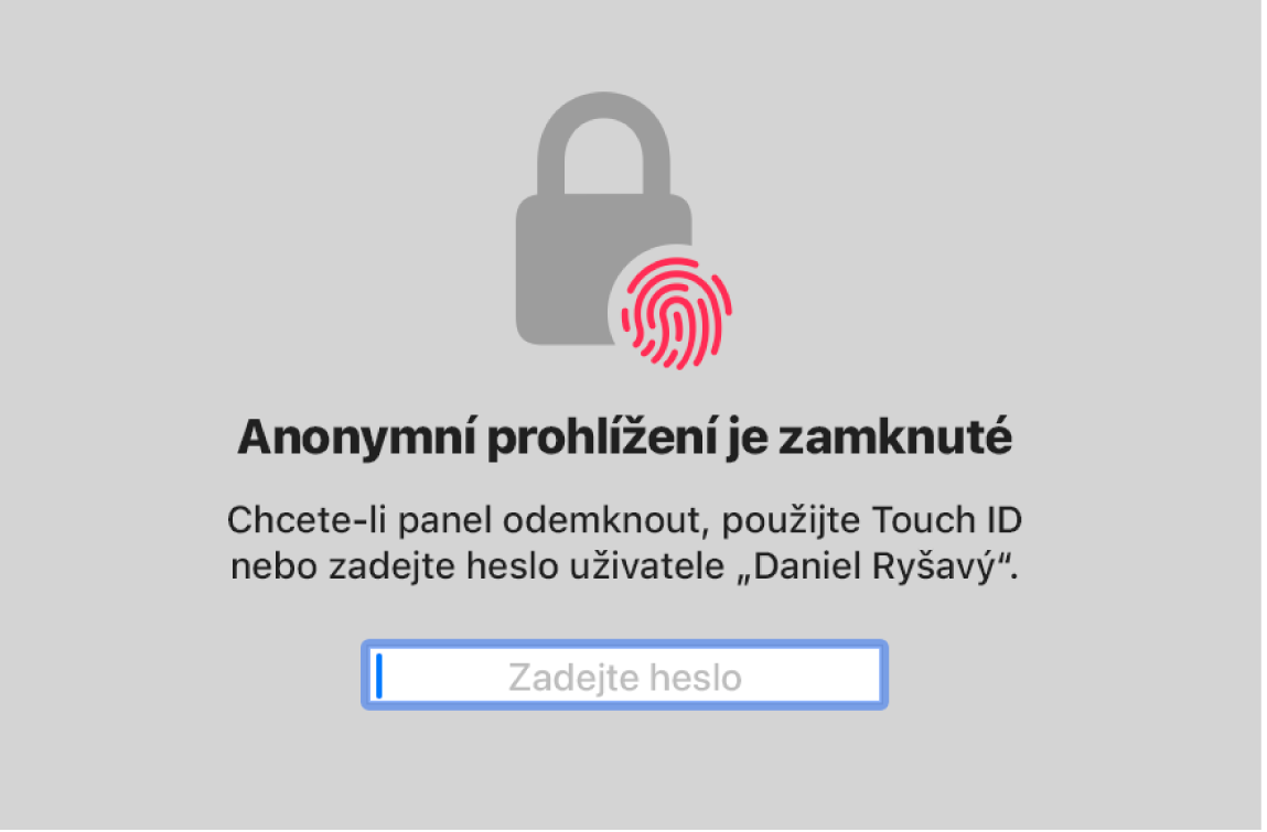 Obrazovka anonymního prohlížení s informací o tom, že je zamknutá