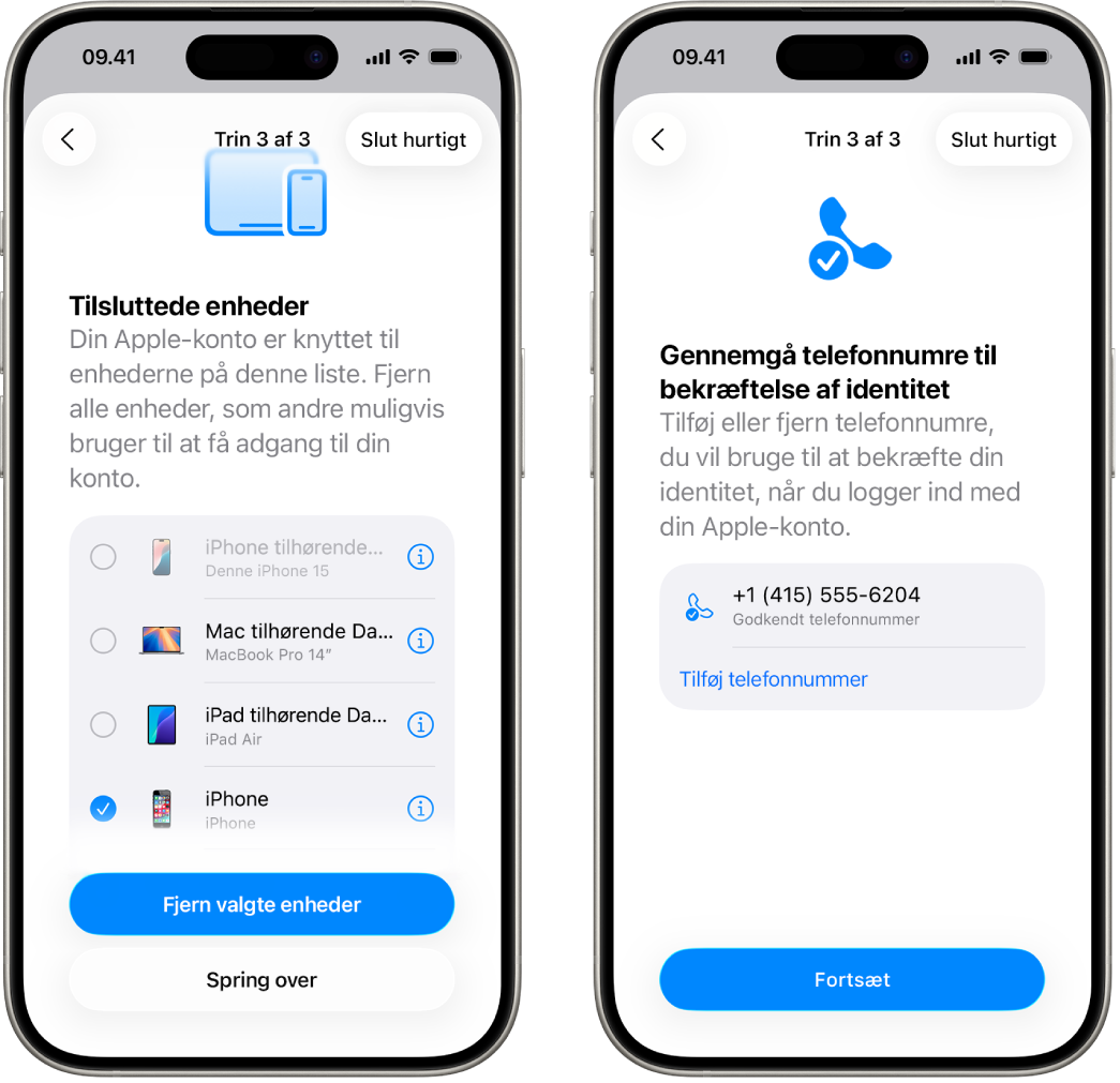 To iPhone-skærme, der viser (1) en valgt enhed, der skal fjernes fra godkendte enheder, og (2) en skærm til redigering af godkendte telefonnumre.