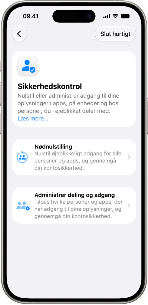 En iPhone med skærmen Sikkerhedskontrol.