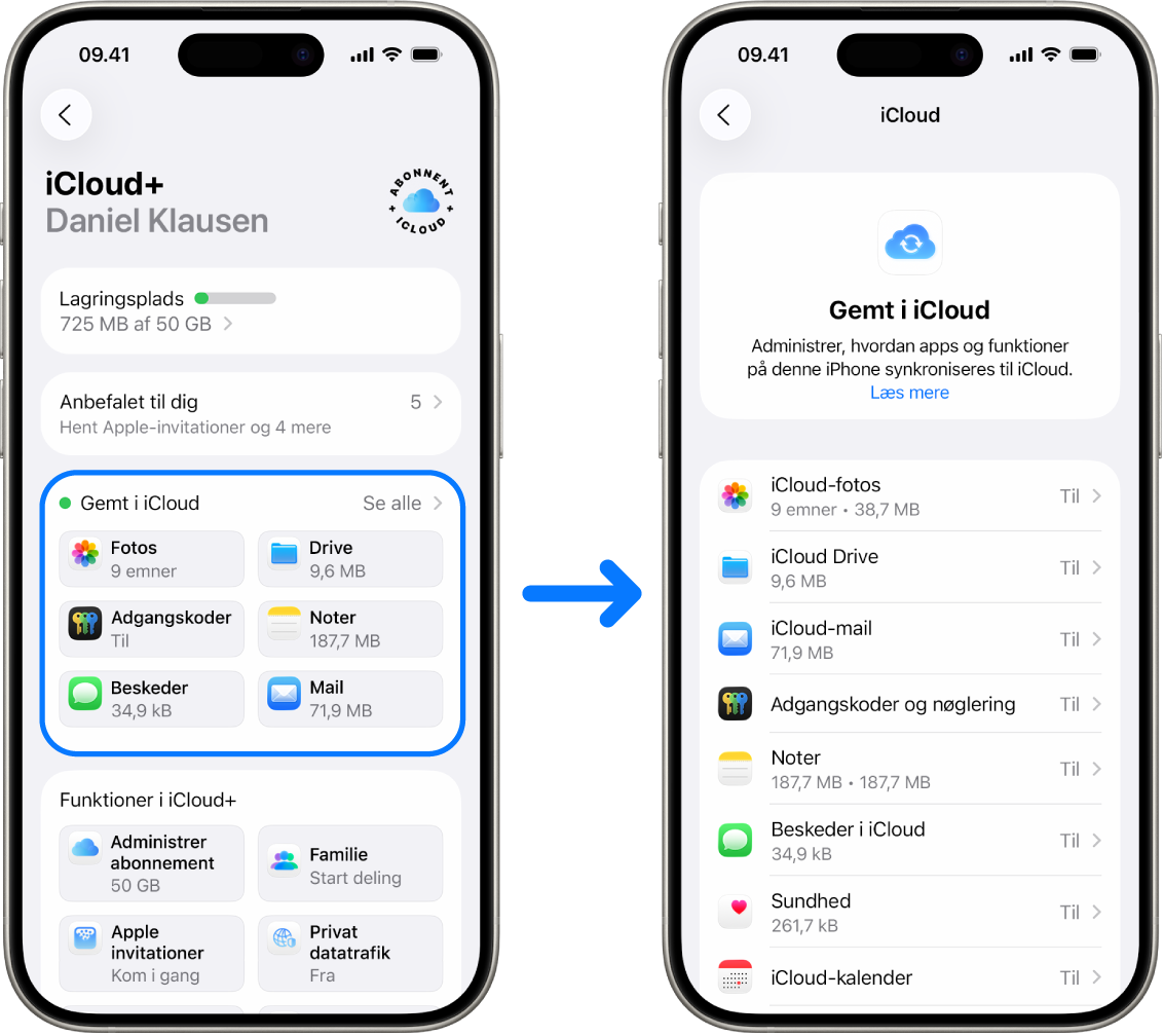 En iPhone viser en Apple-konto, der er logget ind på, med forskellige iCloud-tjenester slået til.