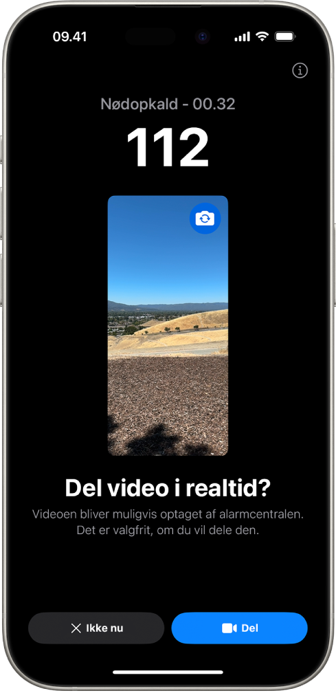 En livevideoskærm i Nød‑SOS viser et nødopkald til 112 med et videoeksempel i midten. Nederst ses knapperne Ikke nu og Del video.