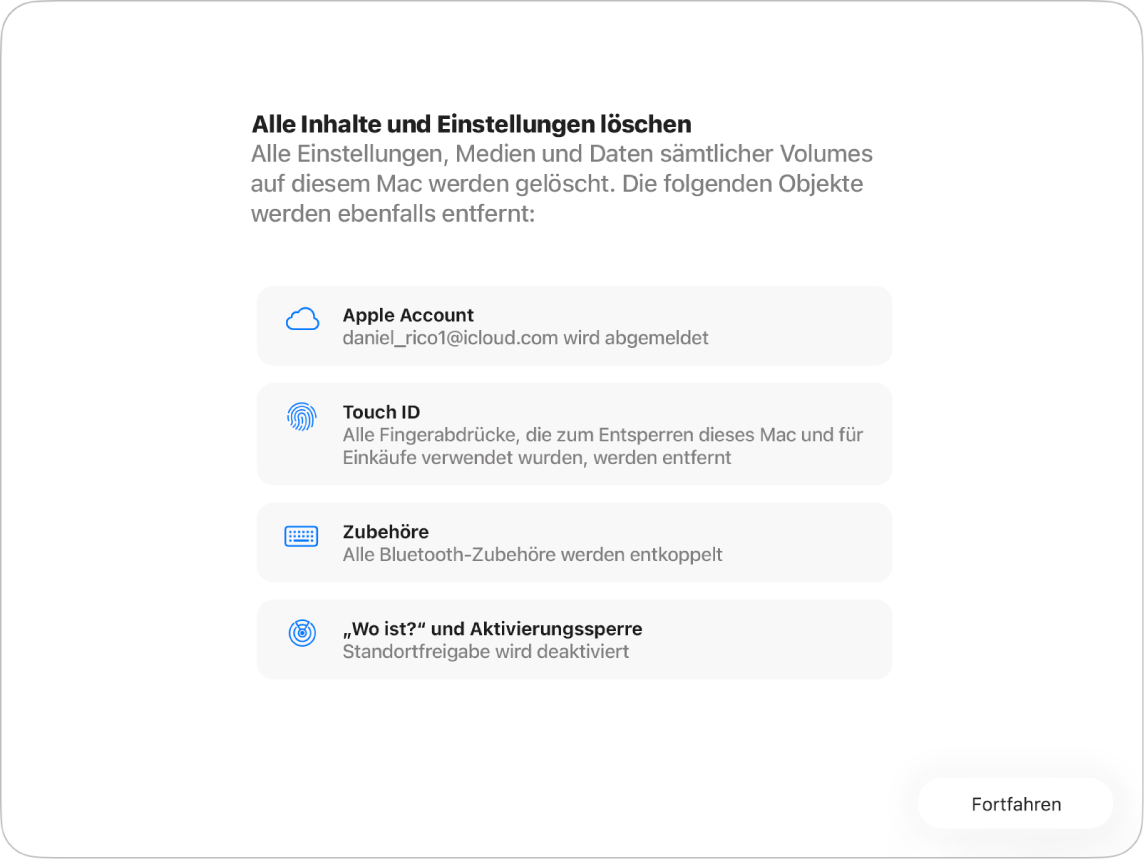 Ein Mac-Fenster zeigt den Assistenten für „Alle Inhalte & Einstellungen löschen“.