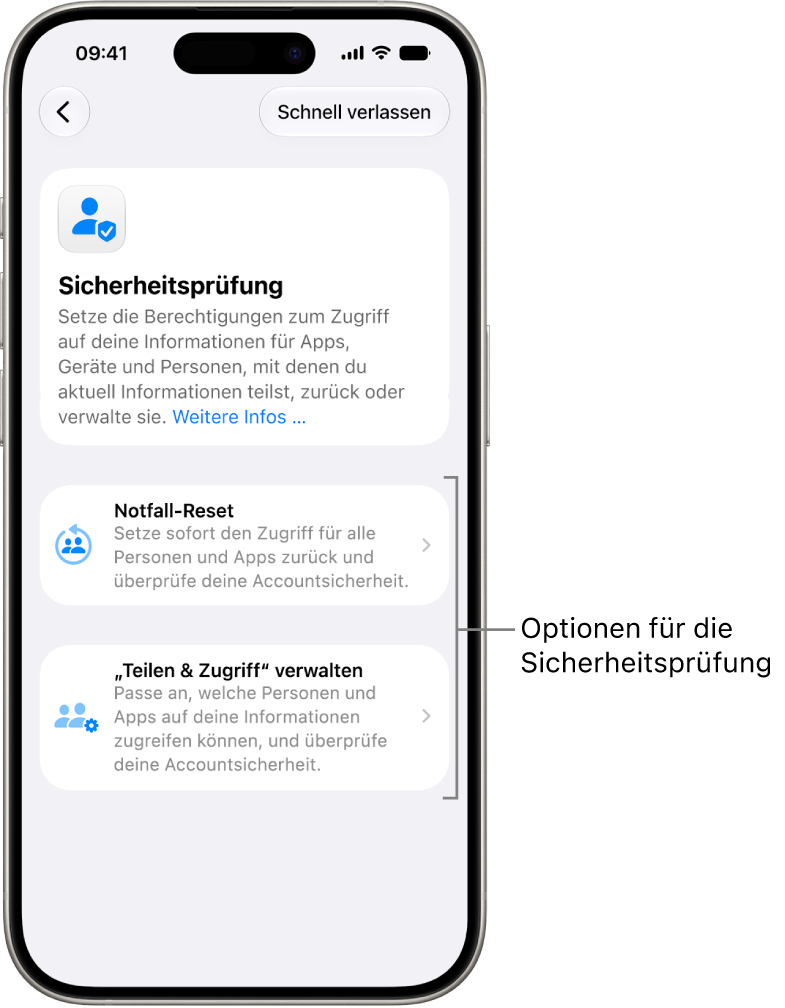 Ein Bildschirm zeigt die zwei Optionen, die mit der Sicherheitsprüfung verfügbar sind: „Notfall-Reset“ und „,Teilen & Zugriff‘ verwalten“.