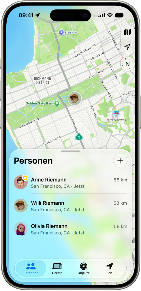 Ein iPhone-Bildschirm mit dem Standort einer Person und den Standorten vier weiterer Personen