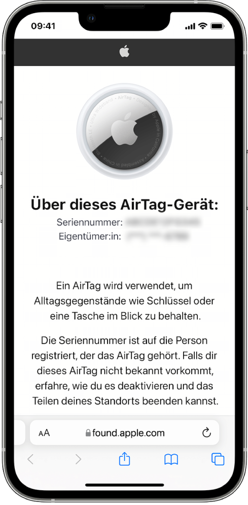 Ein iPhone-Bildschirm zeigt Informationen zu einem AirTag.