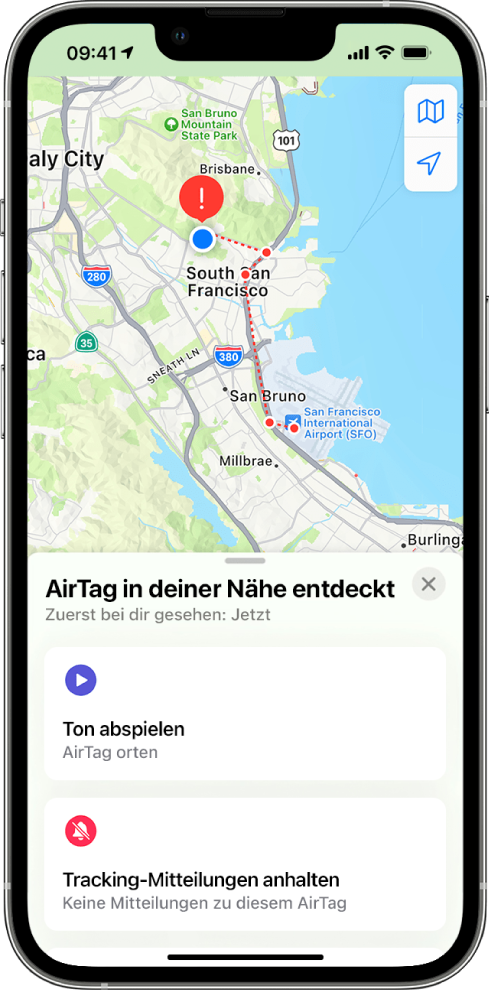 Ein iPhone-Bildschirm mit einem erkannten AirTag in Benutzernähe in der App „Karten“